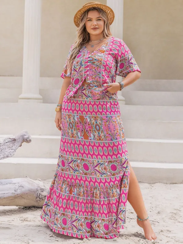 Plus Size Printed V-Neck Half Sleeve Top and Skirt Set sold by Charming Charlie