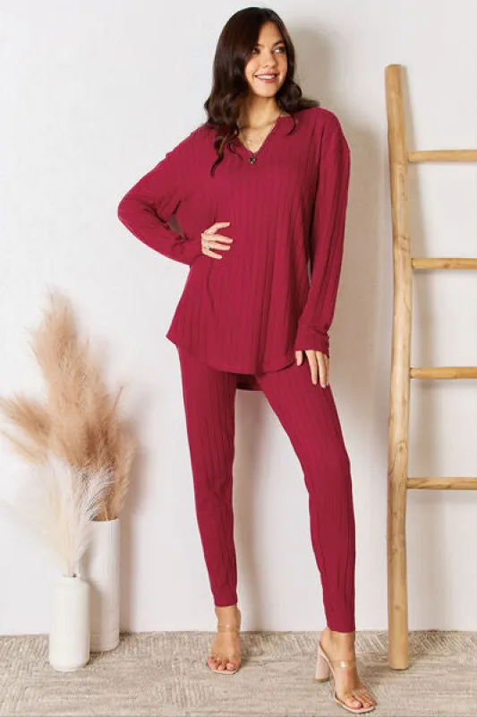 Basic Bae Full Size Notched Long Sleeve Top and Pants Set sold by Charming Charlie