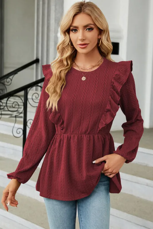 Ruffled Round Neck Balloon Sleeve Blouse sold by Charming Charlie