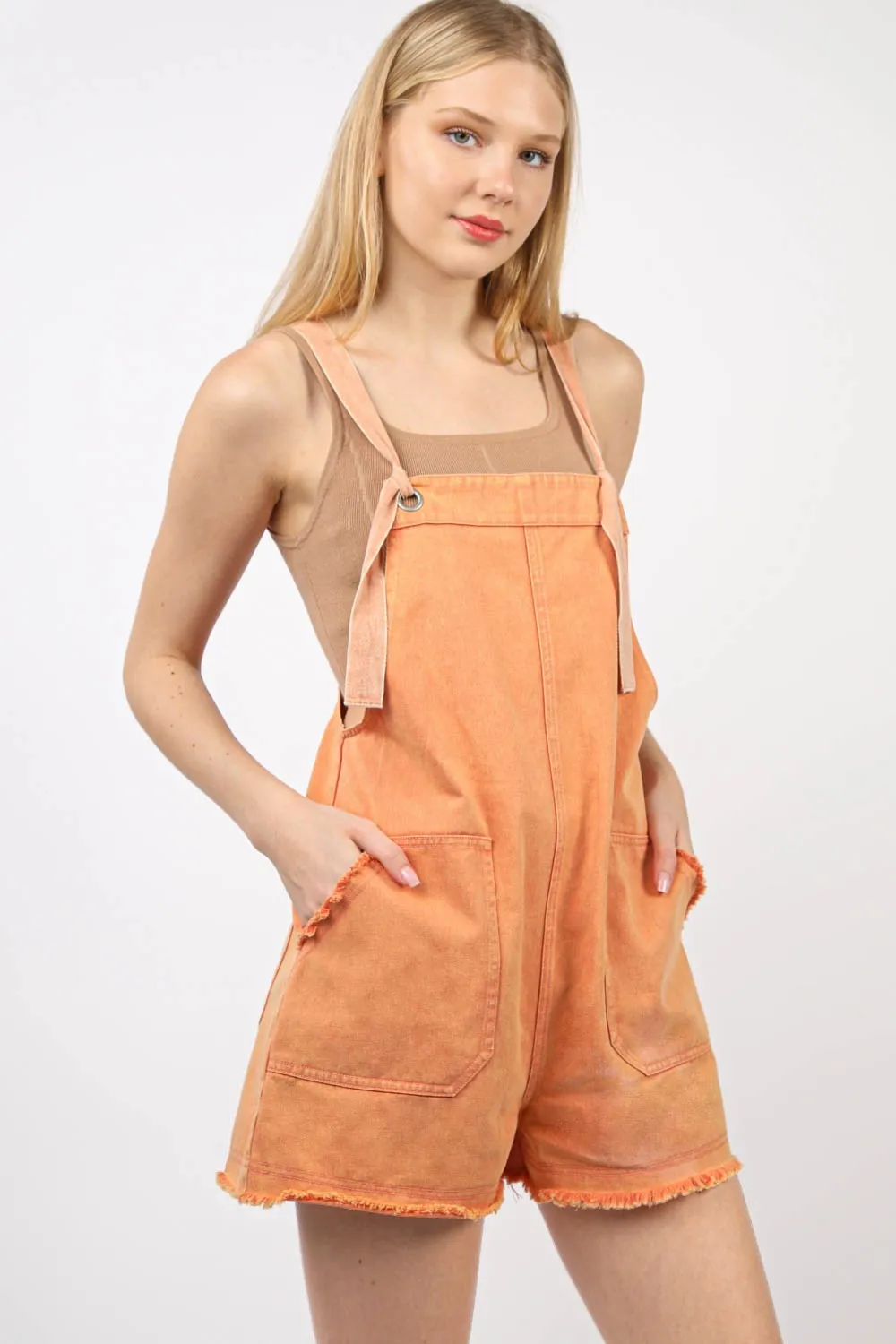 VERY J Washed Frayed Hem Denim Overall sold by Charming Charlie