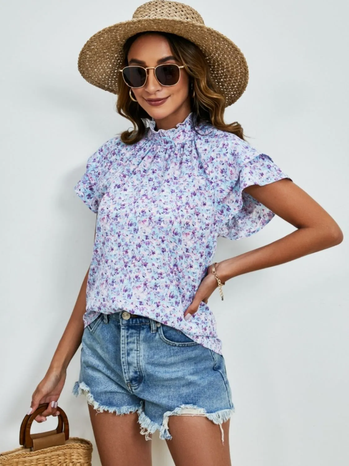 Ditsy Floral Mock Neck Flounce Sleeve Blouse sold by Charming Charlie product image thumbnail 5