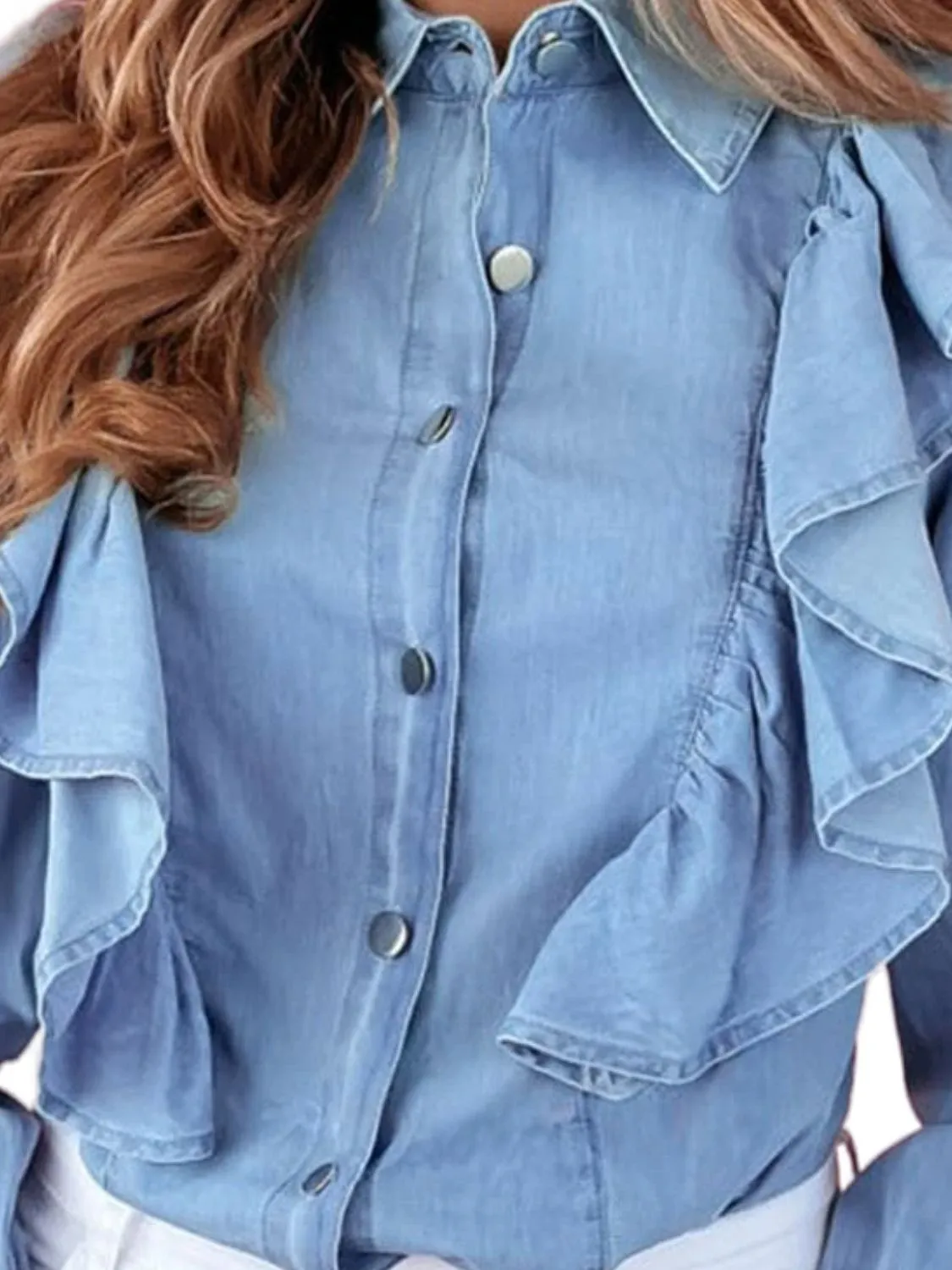Ruffled Button Up Long Sleeve Denim Top sold by Charming Charlie product image thumbnail 3