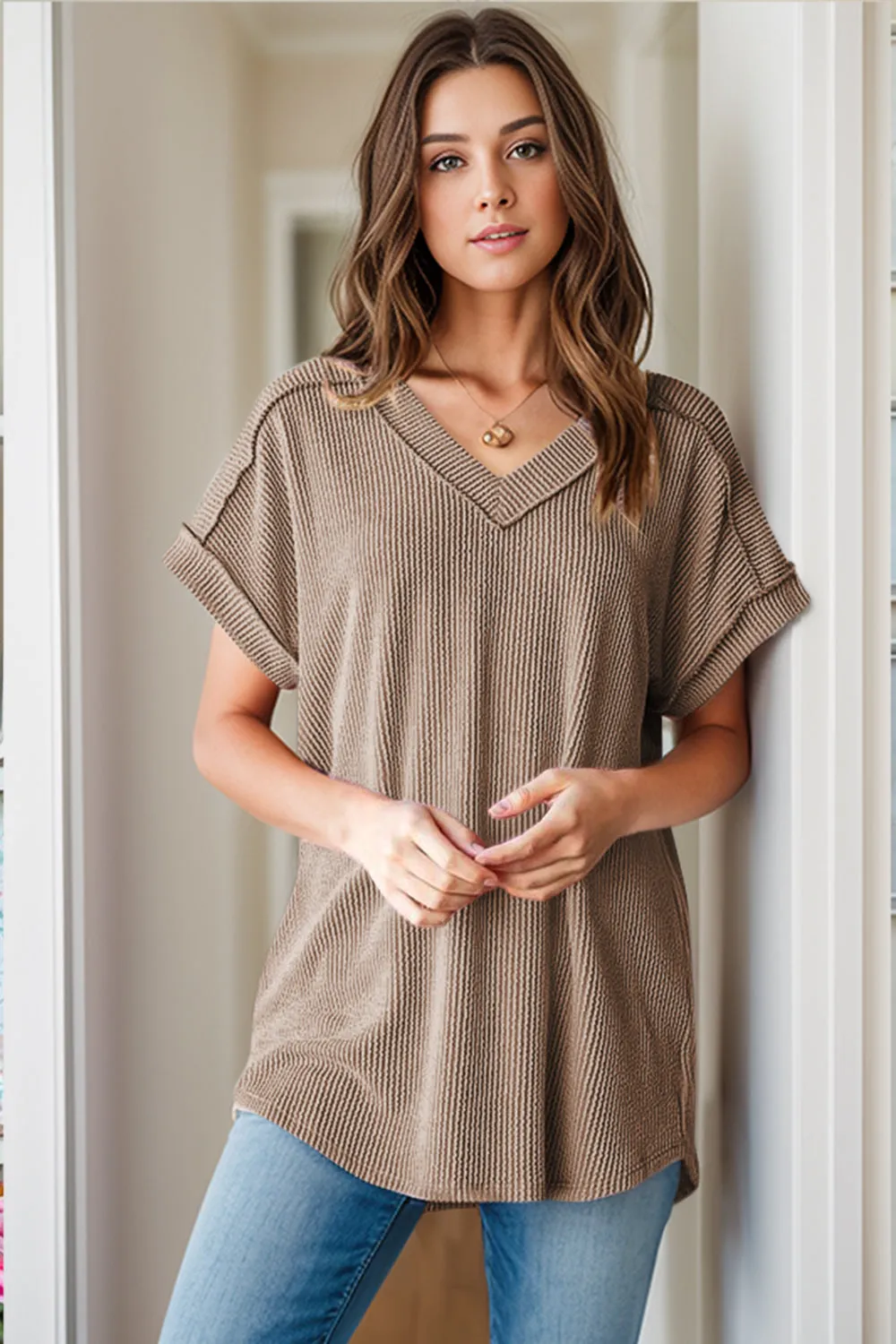 Textured V-Neck Short Sleeve Top sold by Charming Charlie product image thumbnail 2