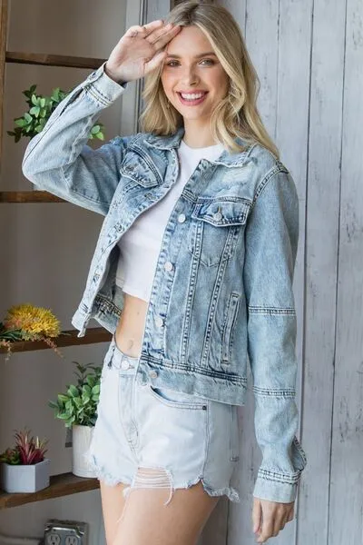 Veveret Distressed Button Up Denim Jacket sold by Charming Charlie product image thumbnail 2