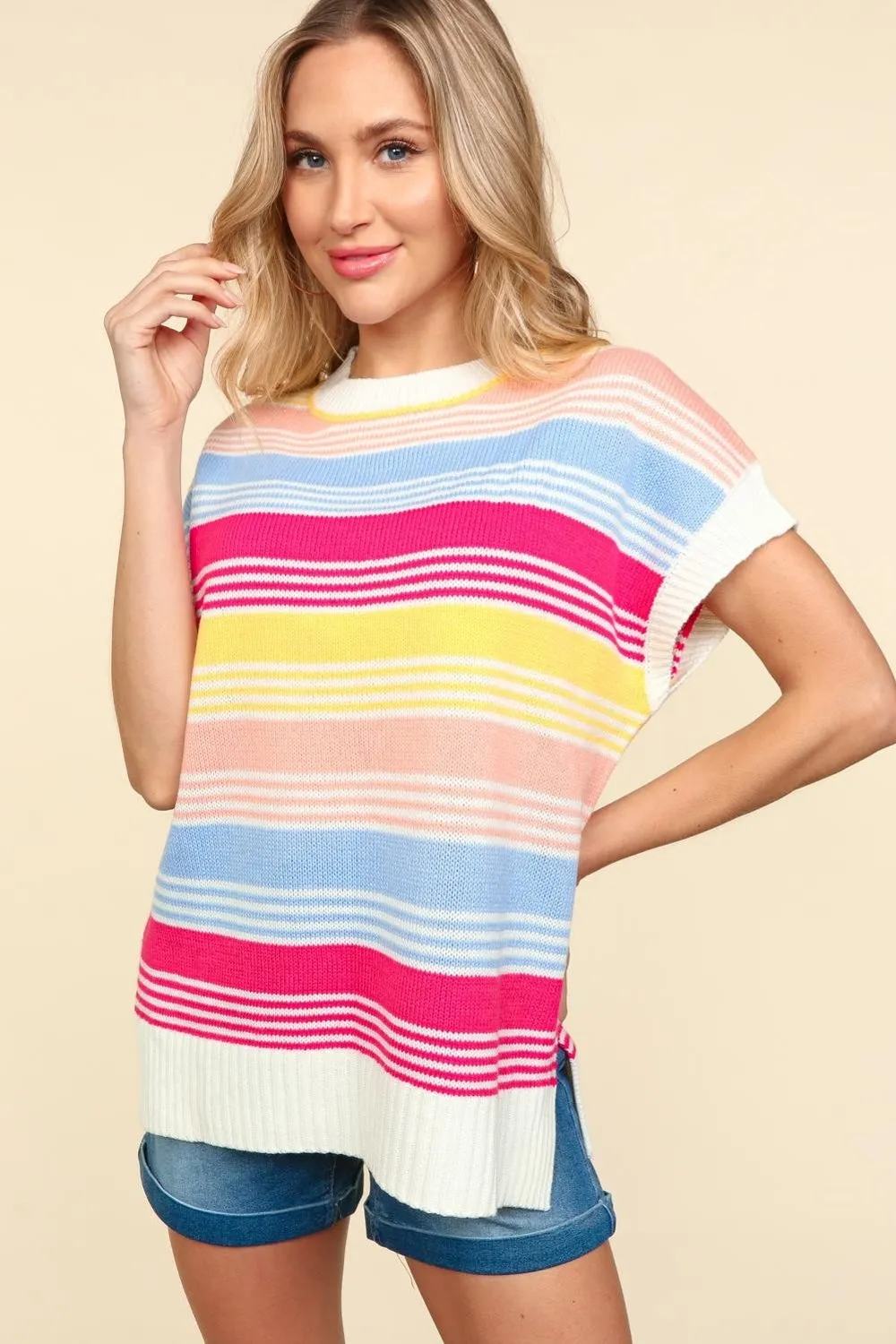 Haptics Striped Side Slit Short Sleeve Knit Top sold by Charming Charlie