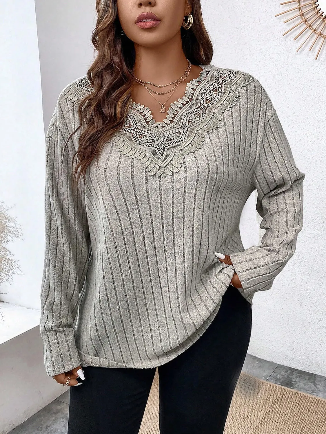 Plus Size Lace Detail Long Sleeve T-Shirt sold by Charming Charlie