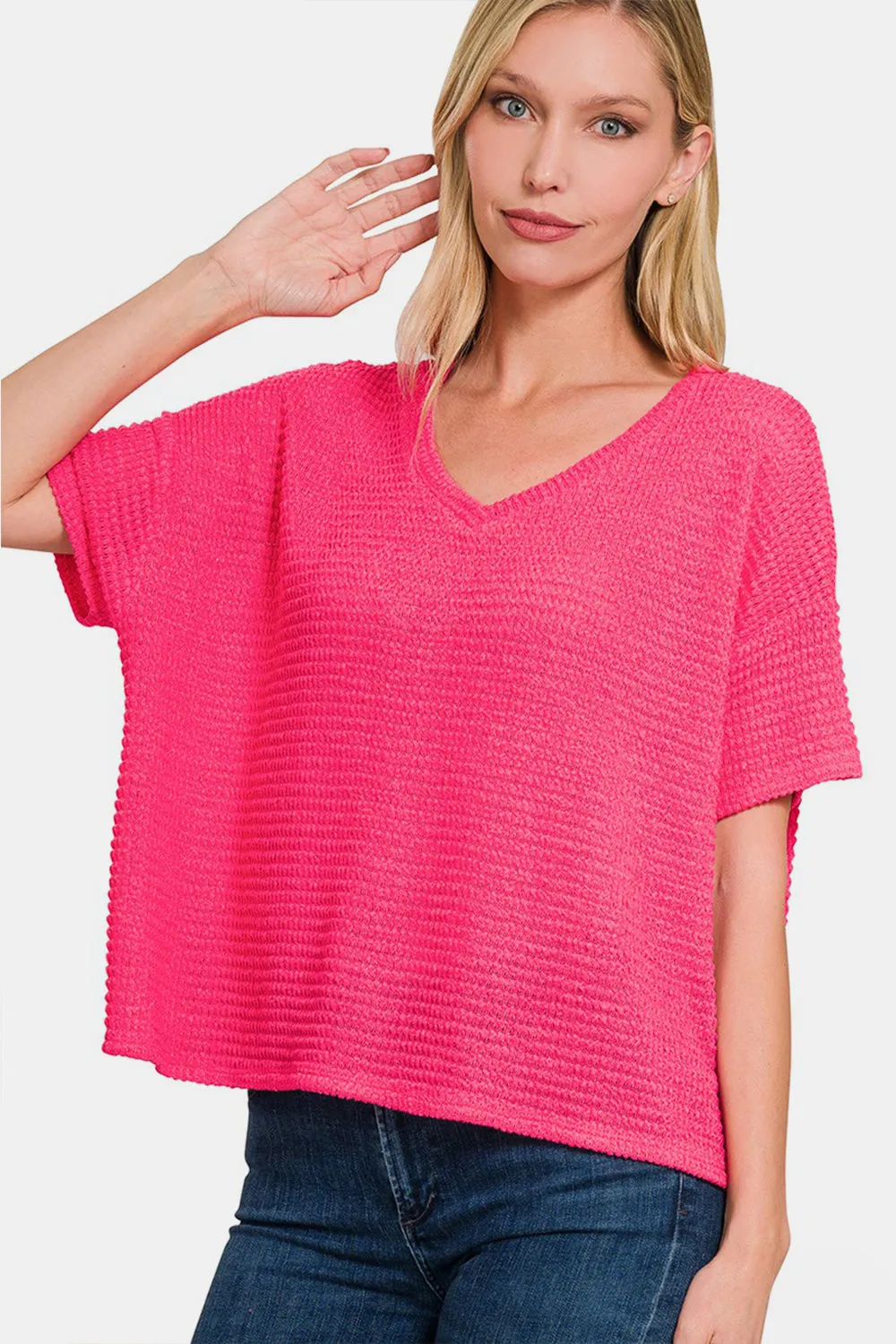 Zenana Drop Shoulder Short Sleeve Jacquard Knit Top sold by Charming Charlie