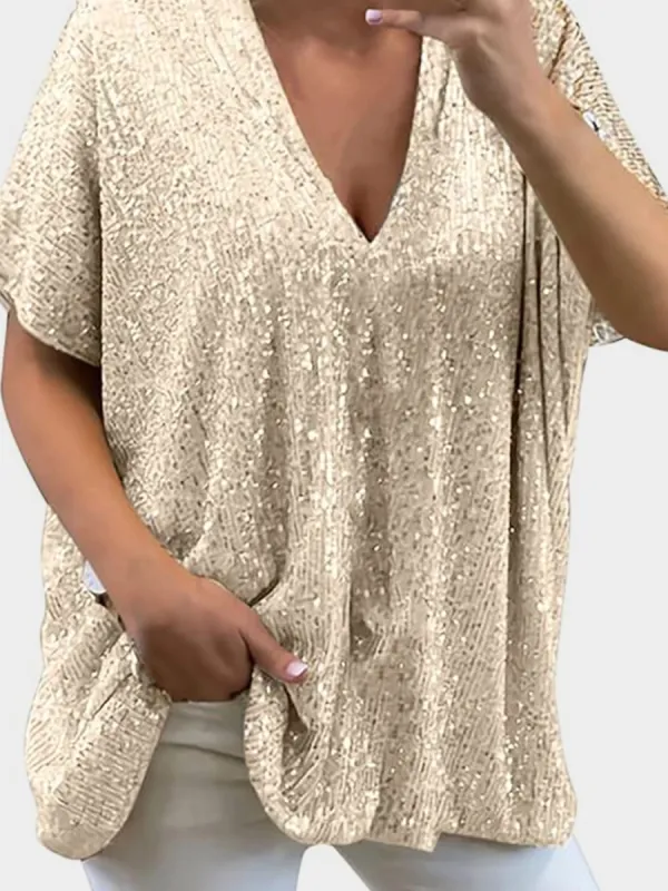 Full Size Sequin V-Neck Short Sleeve Top sold by Charming Charlie