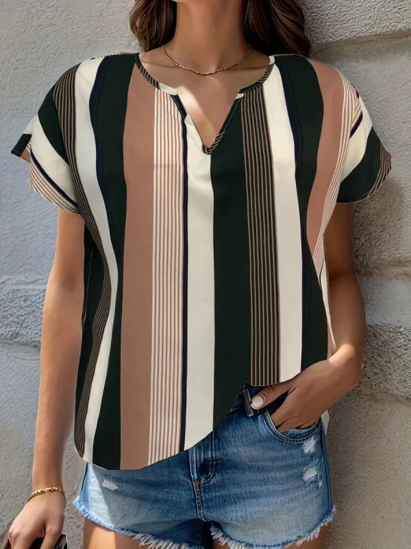 Striped Notched Short Sleeve Blouse sold by Charming Charlie