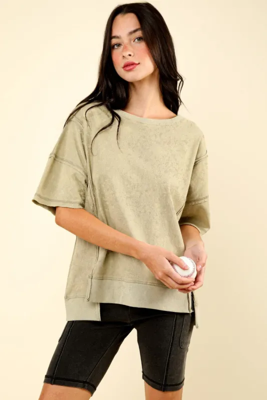 VERY J Round Neck Exposed Seam Slit T-Shirt sold by Charming Charlie