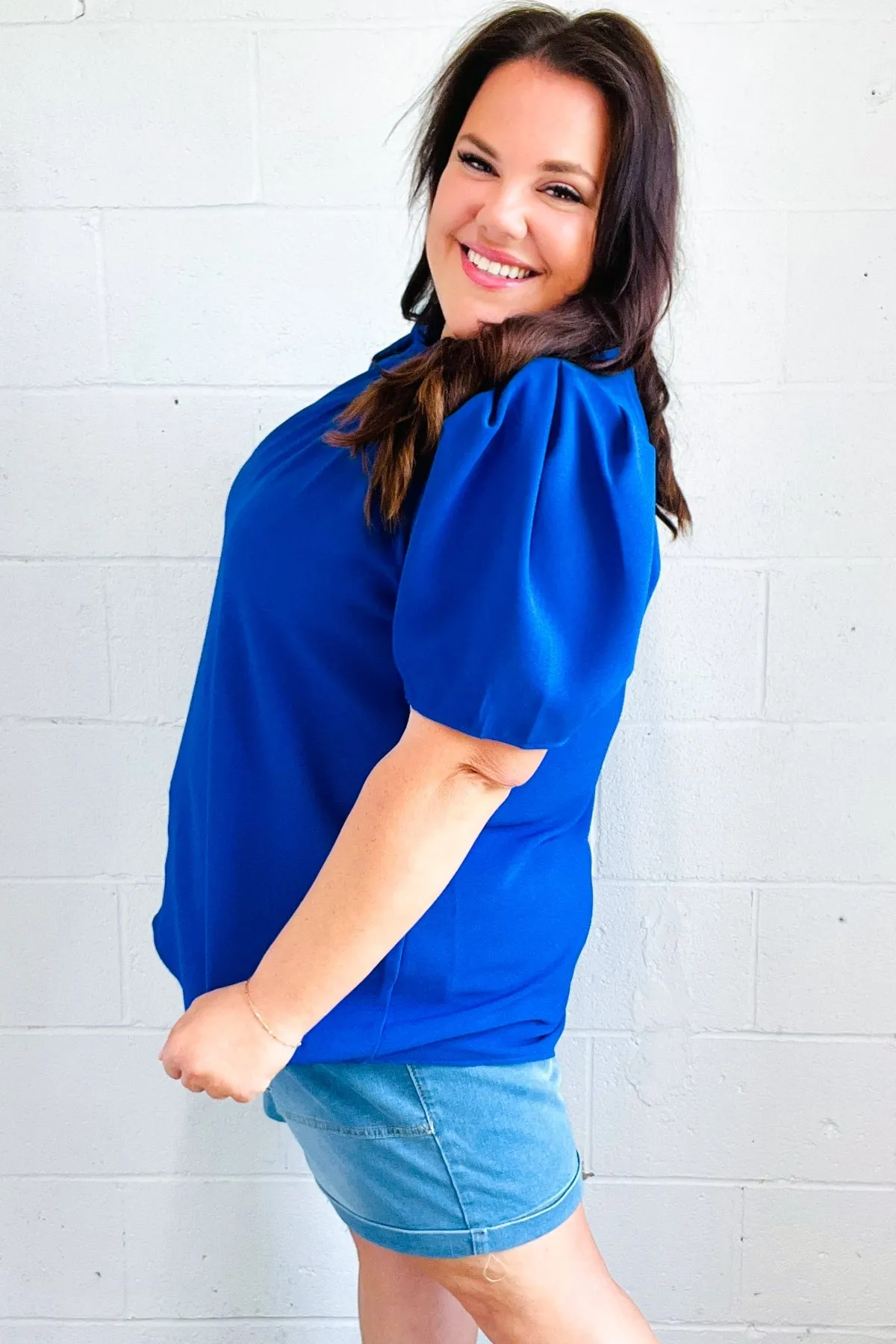 Lovely In Holiday Blue Frill Mock Neck Woven Top sold by Charming Charlie product image thumbnail 3