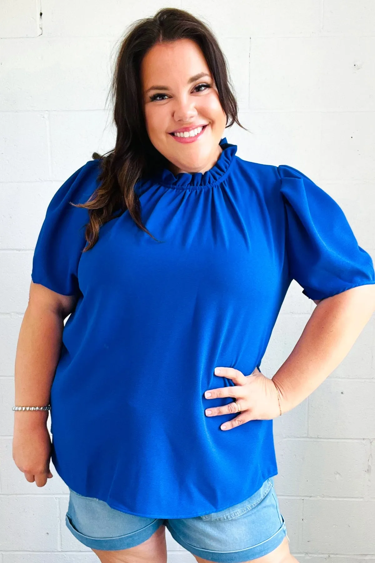 Lovely In Holiday Blue Frill Mock Neck Woven Top sold by Charming Charlie product image thumbnail 2