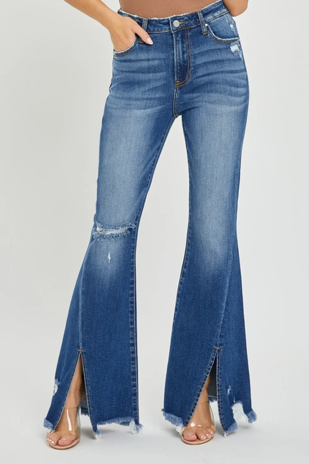 RISEN Full Size High Rise Front Slit Frayed Hem Flare Jeans sold by Charming Charlie