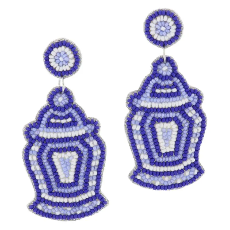 Multi Blues and White Beaded Post and Ginger Jar Earrings, 2.85" Top to Bottom made by Charming Charlie