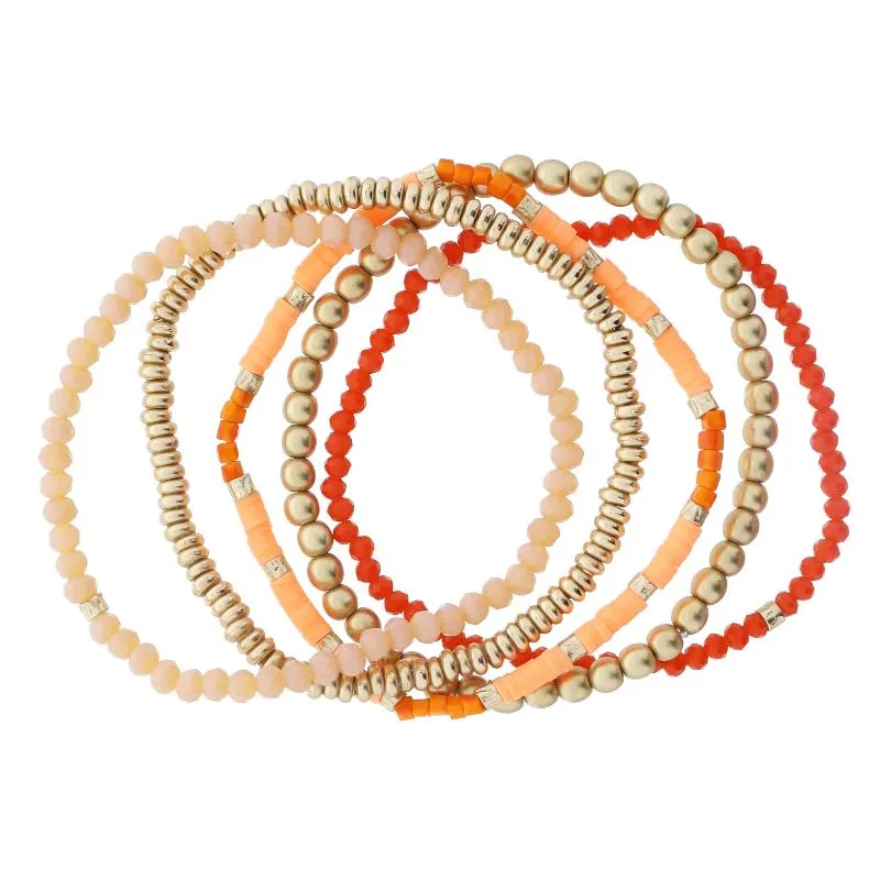 Set of 5 Coordinating Coral, Orange, Gold Beaded Bracelets, 8" Around sold by Charming Charlie