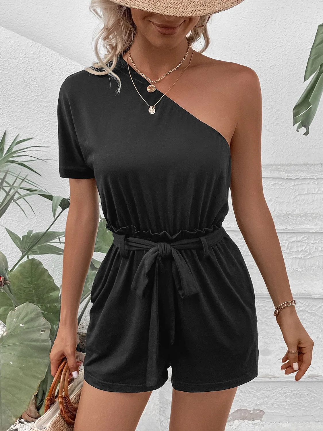 Single Shoulder Tie Waist Romper sold by Charming Charlie product image thumbnail 4