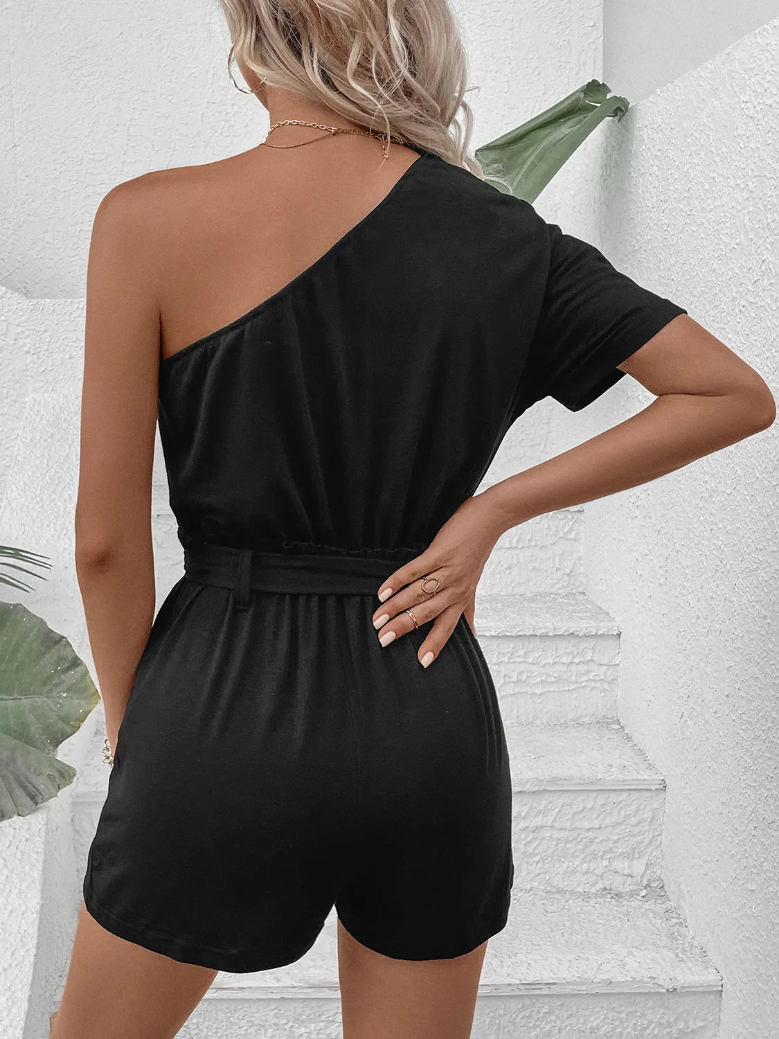 Single Shoulder Tie Waist Romper sold by Charming Charlie product image thumbnail 2