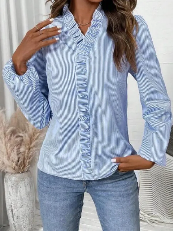 Frill Striped V-Neck Long Sleeve Blouse sold by Charming Charlie