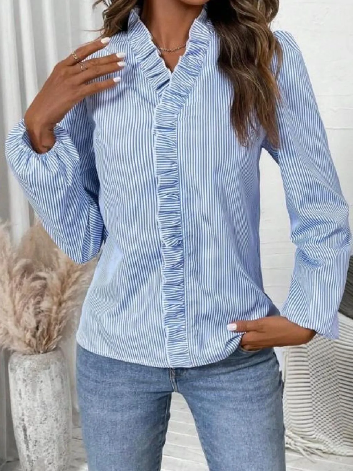 Frill Striped V-Neck Long Sleeve Blouse sold by Charming Charlie
