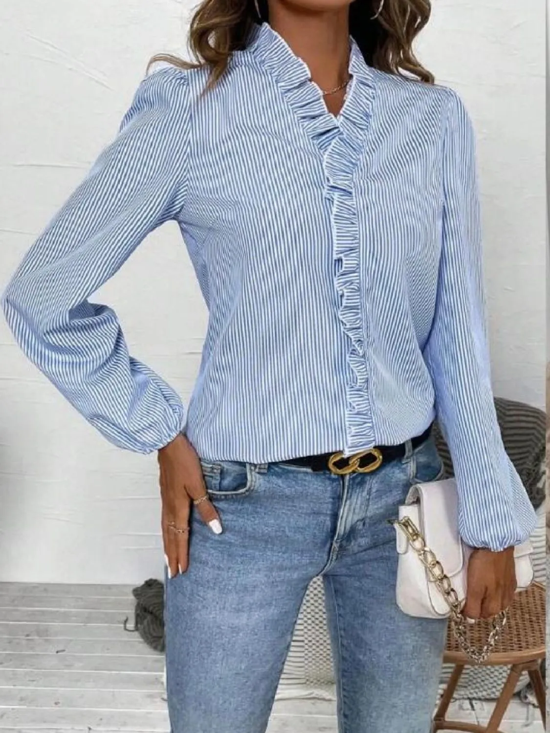 Frill Striped V-Neck Long Sleeve Blouse sold by Charming Charlie product image thumbnail 3