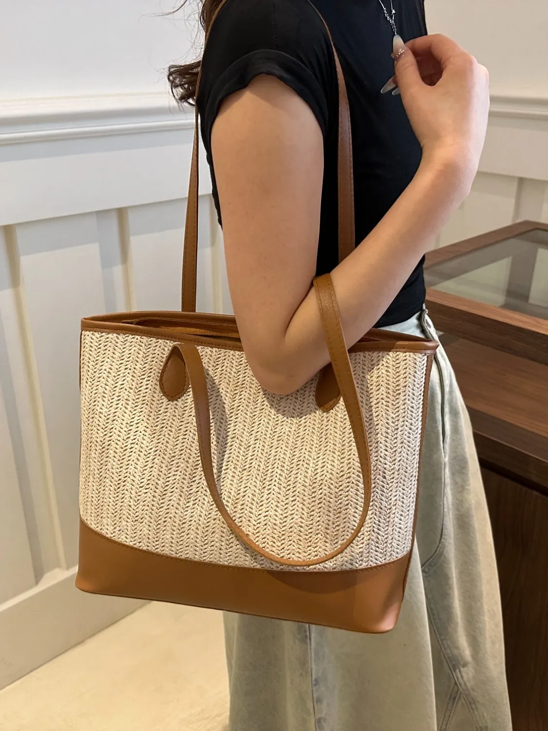 Contrast Straw Woven Tote Bag sold by Charming Charlie product image thumbnail 2