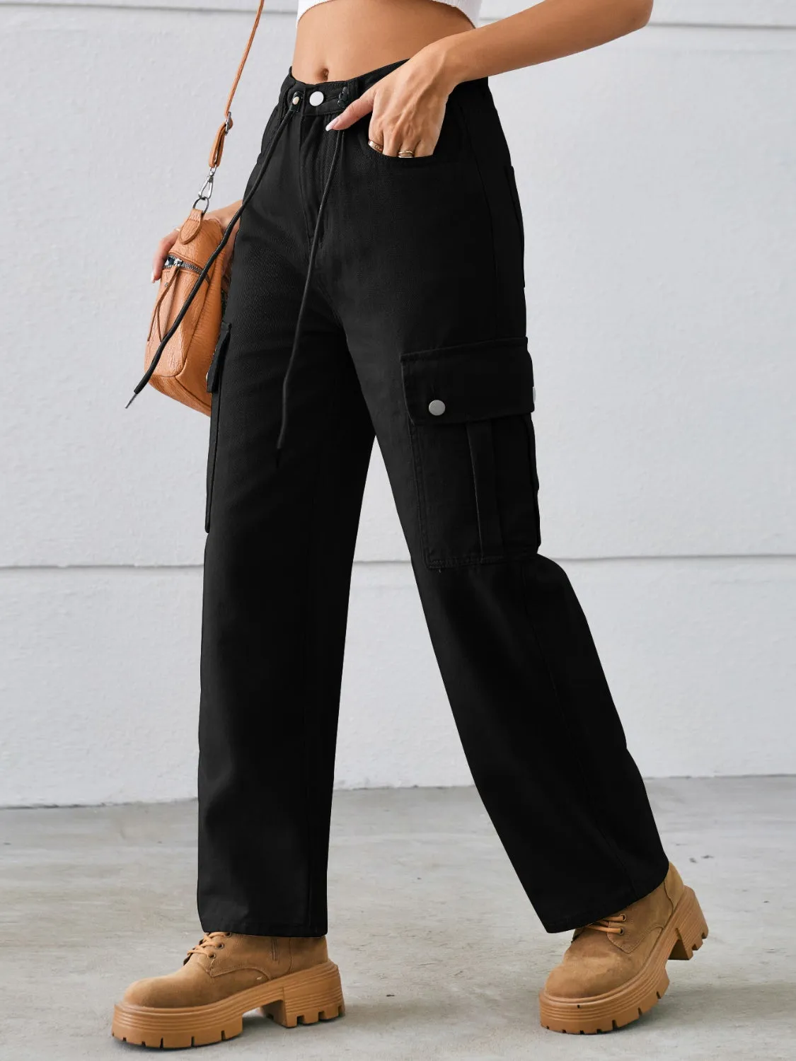 Drawstring Mid-Rise Waist Straight Cargo Jeans sold by Charming Charlie product image thumbnail 2