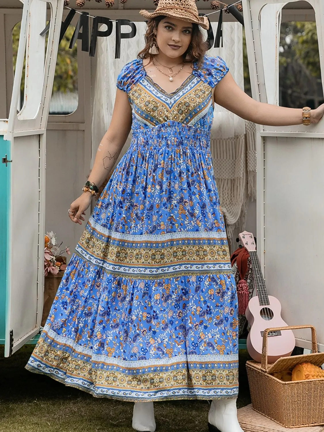 Plus Size Smocked Printed Cap Sleeve Dress sold by Charming Charlie product image thumbnail 4
