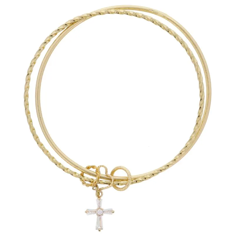 Gold Heart with Crystal Cross & Textured Rings on Gold Twist Bangle & Bangles Bracelet, 9" Around sold by Charming Charlie