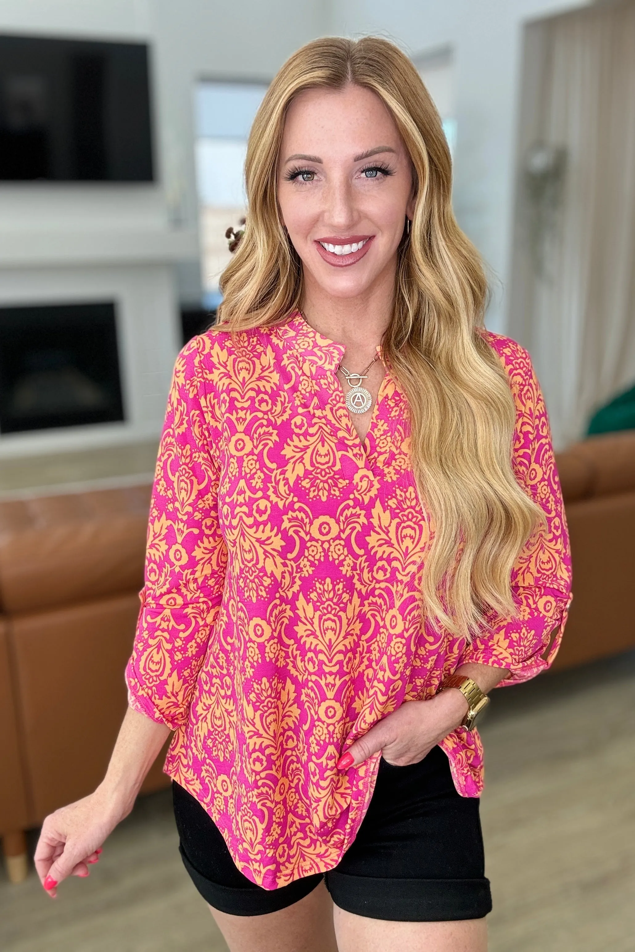 Lizzy Top in Hot Pink and Tangerine Damask sold by Charming Charlie product image thumbnail 3