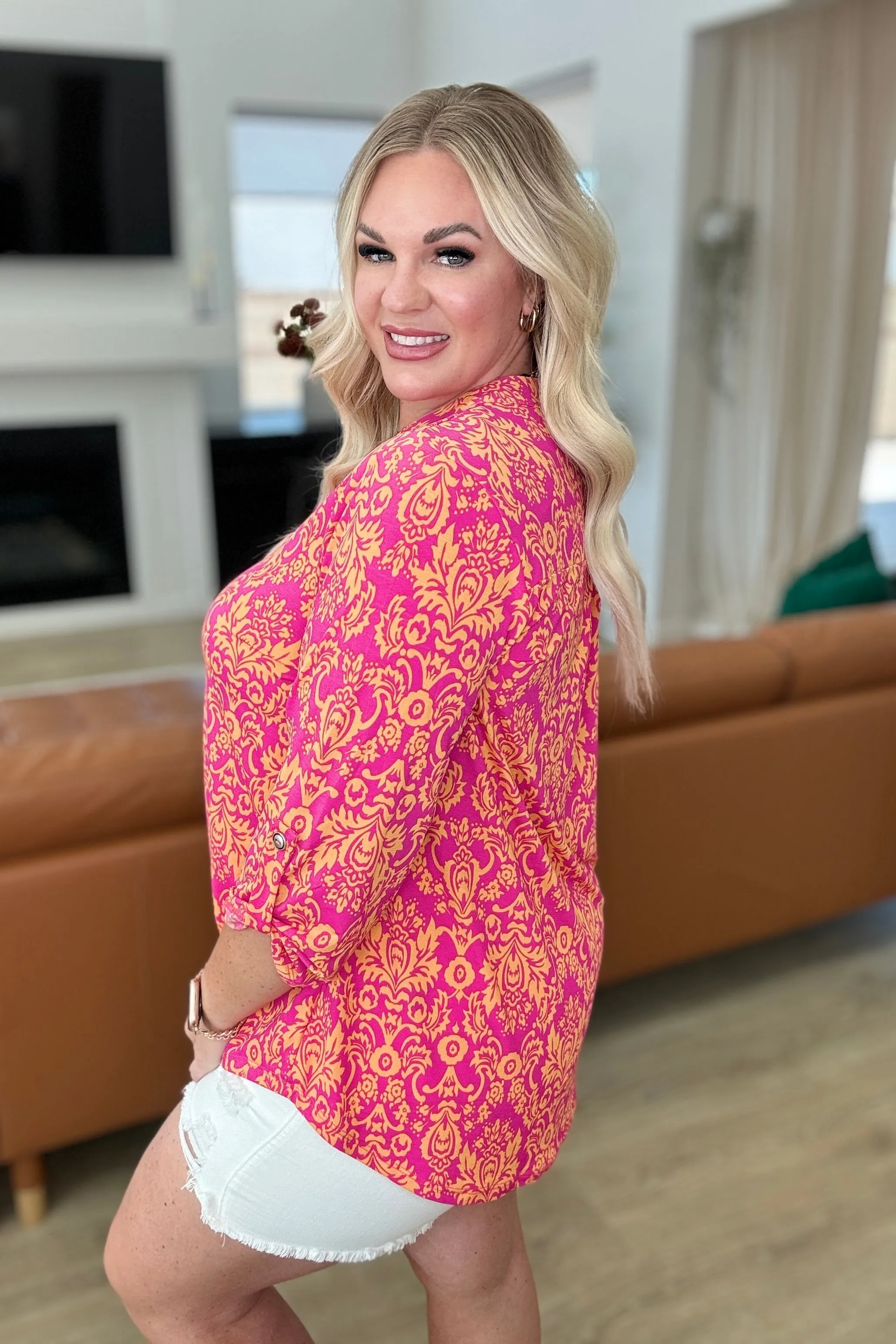 Lizzy Top in Hot Pink and Tangerine Damask sold by Charming Charlie product image thumbnail 4