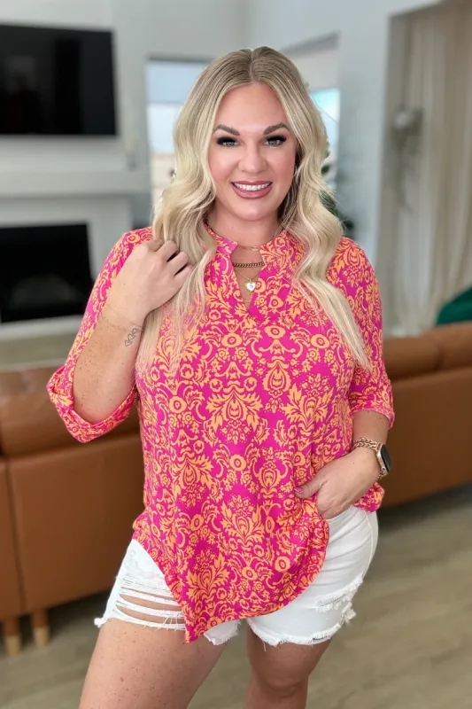Lizzy Top in Hot Pink and Tangerine Damask sold by Charming Charlie