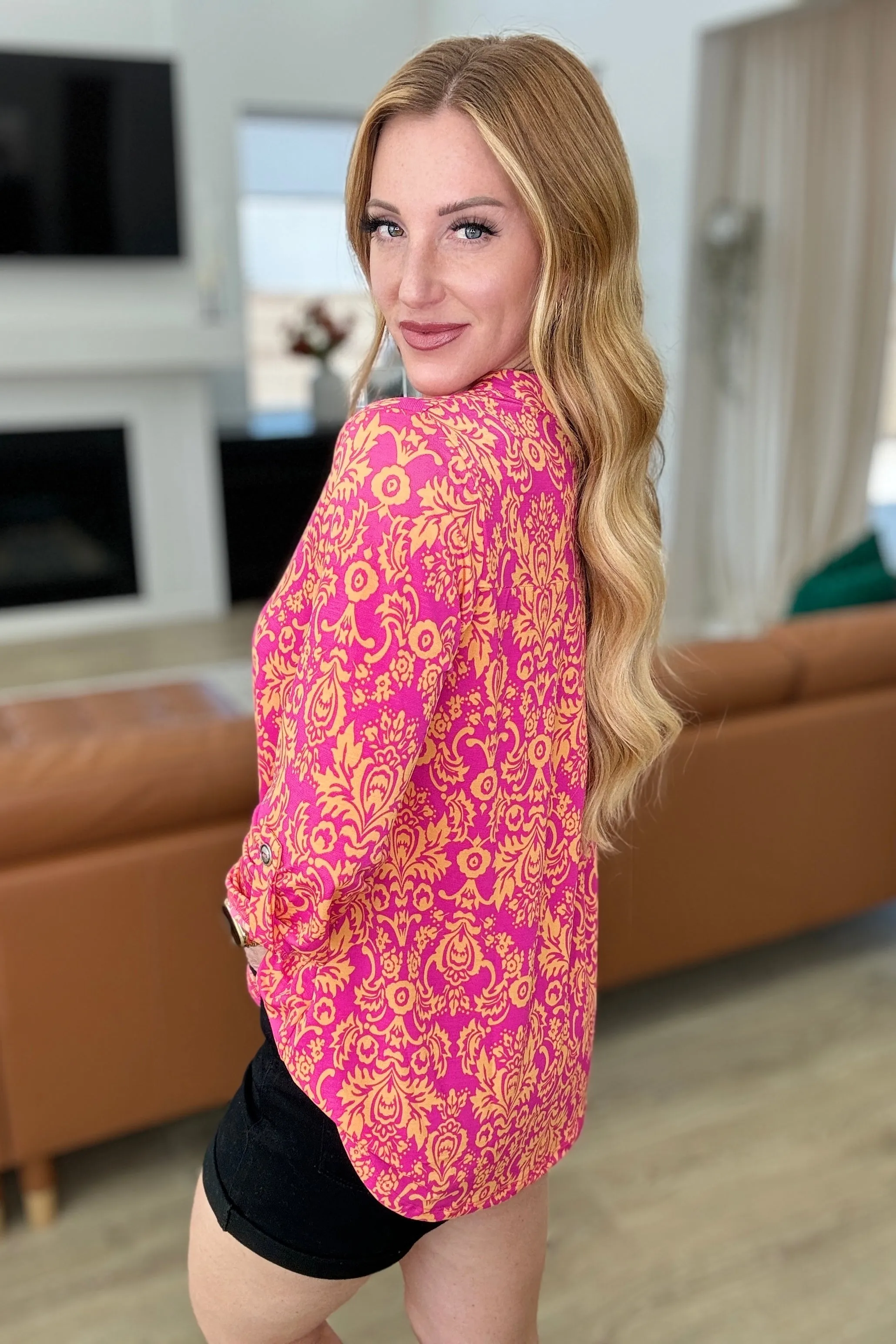 Lizzy Top in Hot Pink and Tangerine Damask sold by Charming Charlie product image thumbnail 5