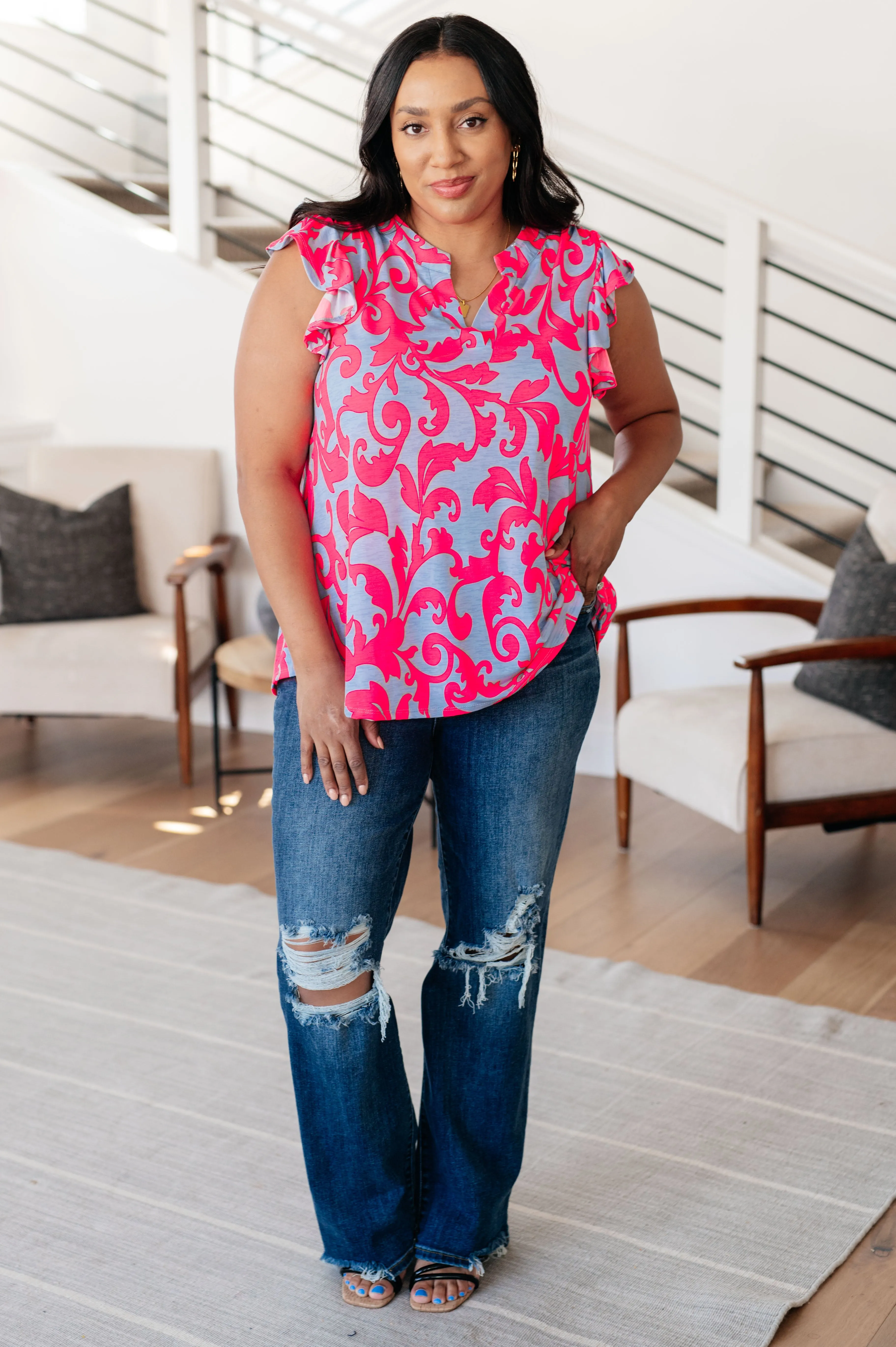 Lizzy Flutter Sleeve Top in Lavender and Hot Pink Filigree sold by Charming Charlie product image thumbnail 3