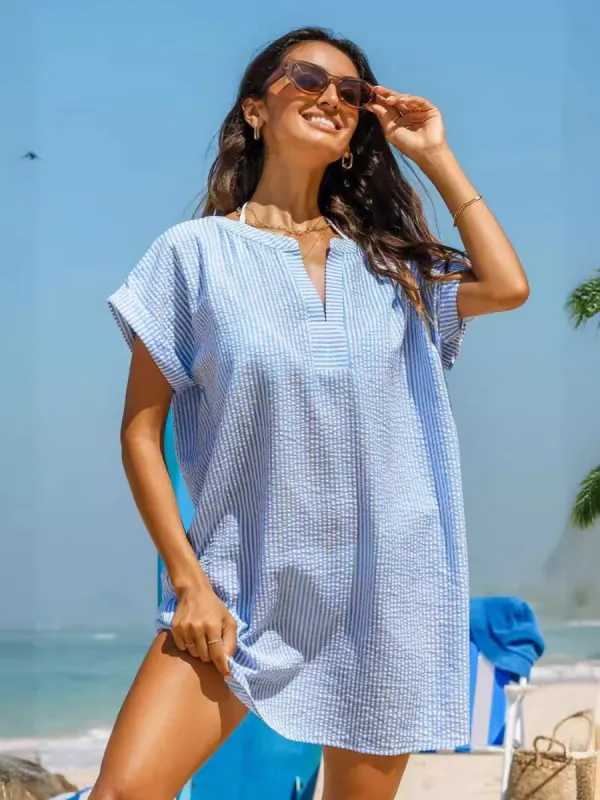 Striped Notched Short Sleeve Mini Dress sold by Charming Charlie