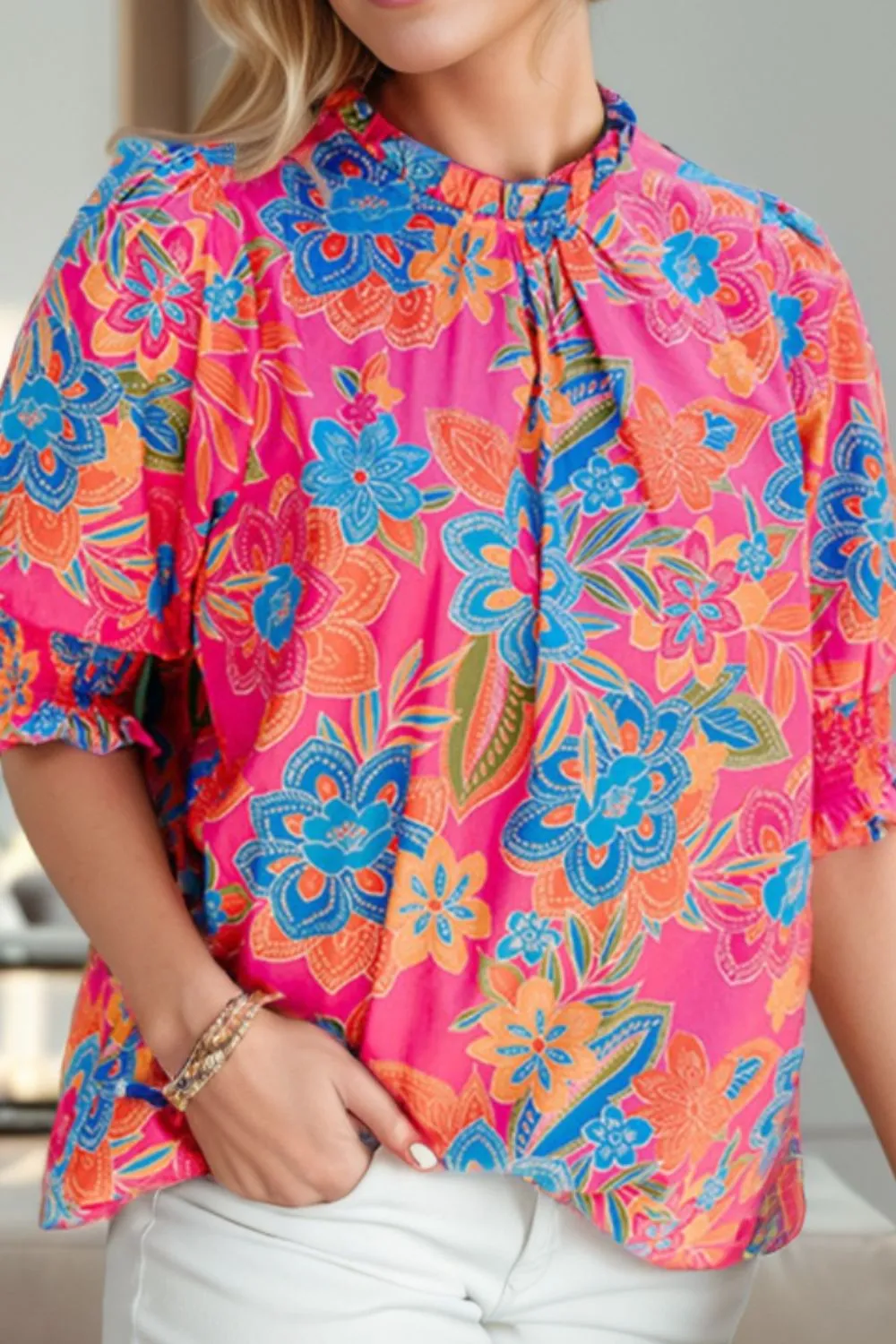 Printed Mock Neck Half Sleeve Blouse sold by Charming Charlie product image thumbnail 2