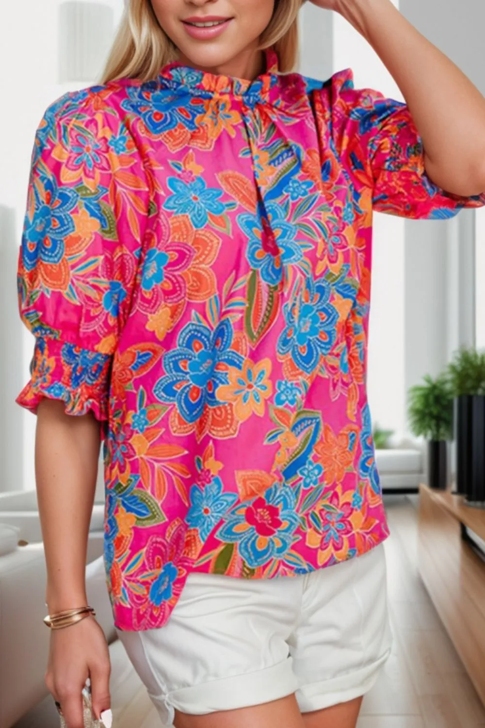 Printed Mock Neck Half Sleeve Blouse sold by Charming Charlie