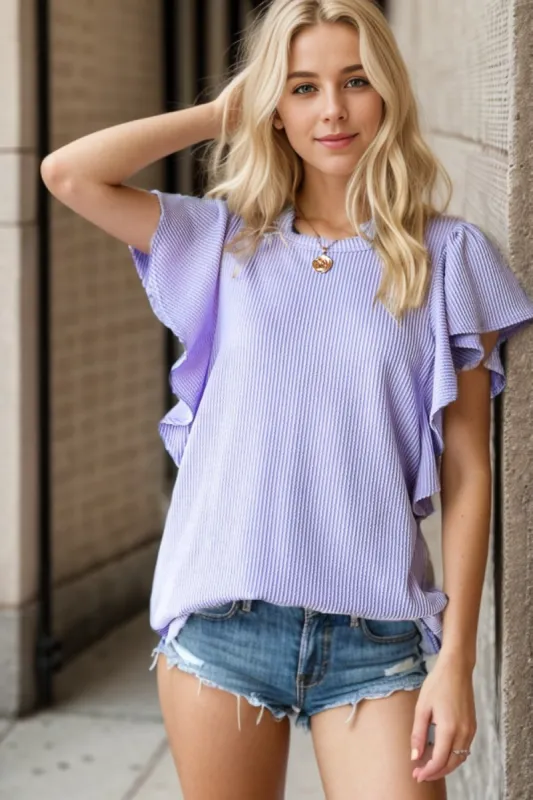 Heimish Full Size Ruffled Sleeve Ribbed Top sold by Charming Charlie