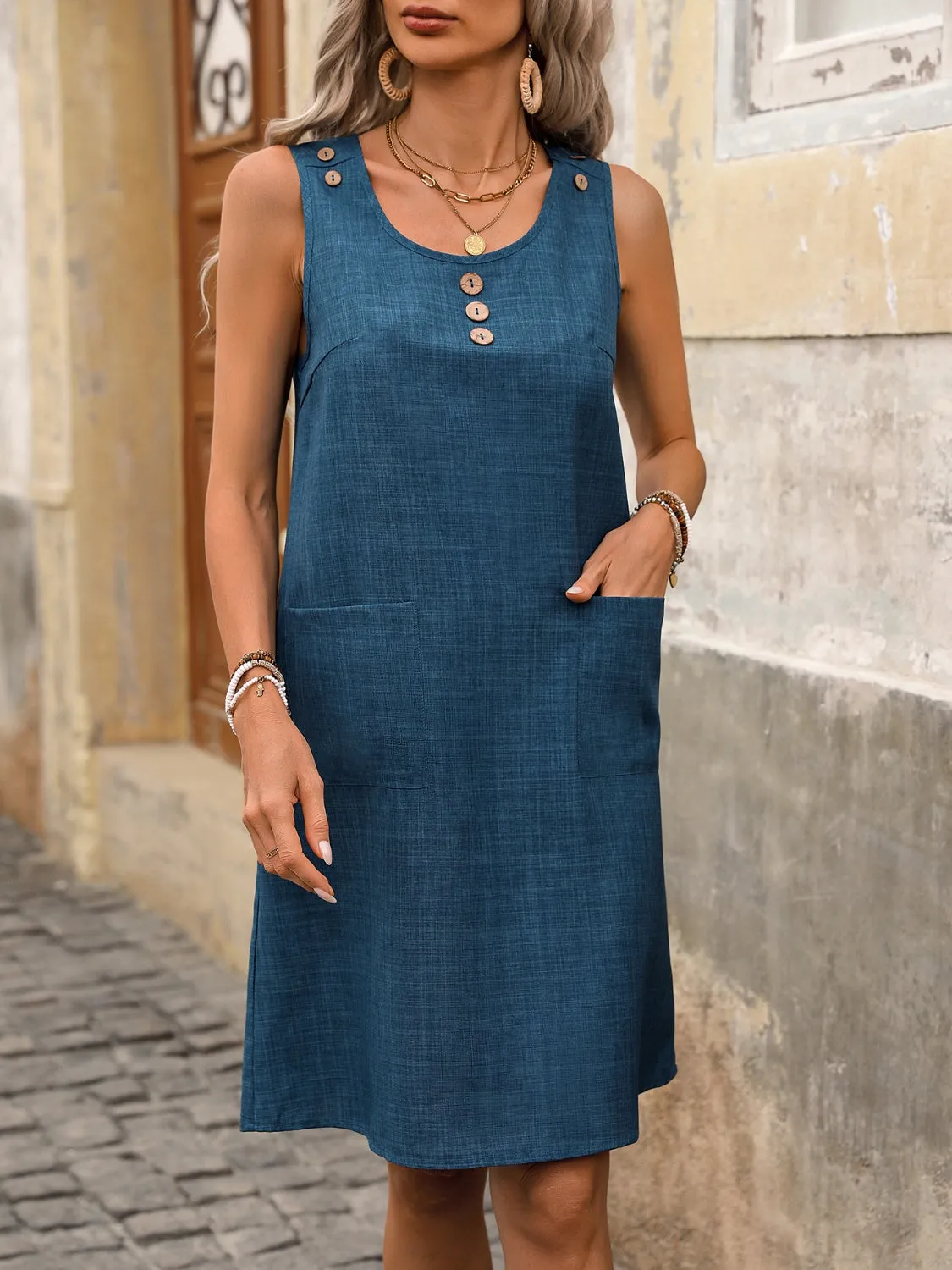 Pocketed Decorative Button Sleeveless Dress sold by Charming Charlie product image thumbnail 3