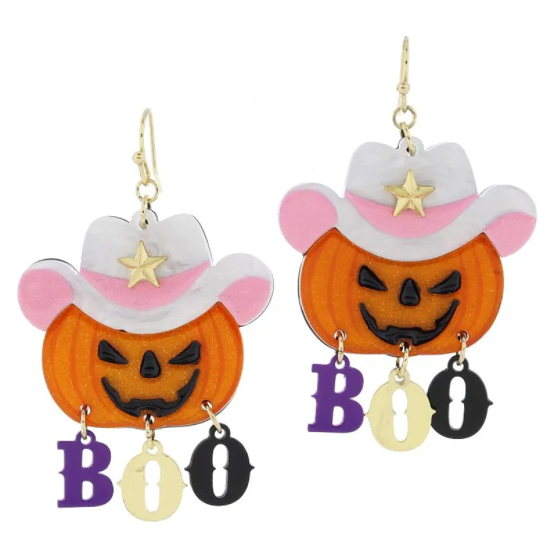 White Resin with Pink Cowgirl Hat on Jack-O-Lantern with "BOO" Dangle Earrings, 2.25" Top to Bottom sold by Charming Charlie