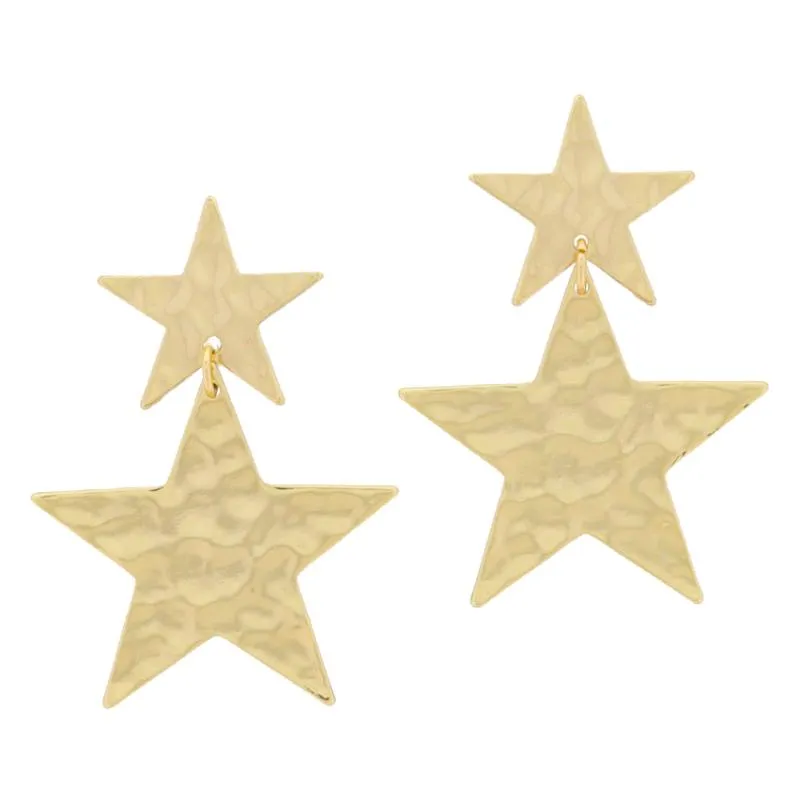 18K Gold Plated Hammered Star Post with Larger Hammered Star Dangle Earrings, 2" Top to Bottom sold by Charming Charlie