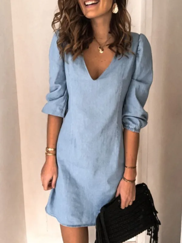 Full Size V-Neck Half Sleeve Denim Dress sold by Charming Charlie