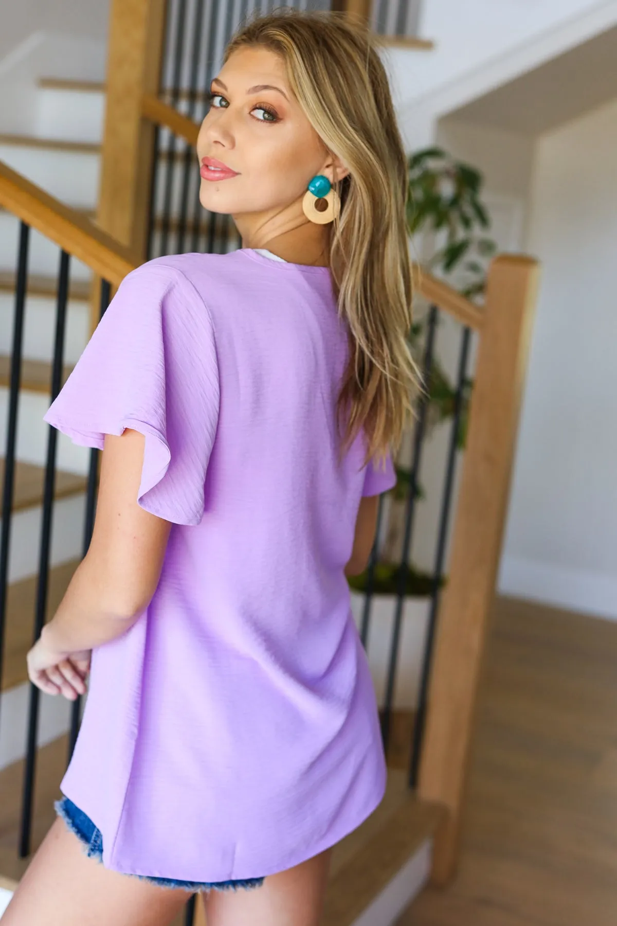 Keep Your Cool Lavender Flutter Sleeve V Neck Top sold by Charming Charlie product image thumbnail 5