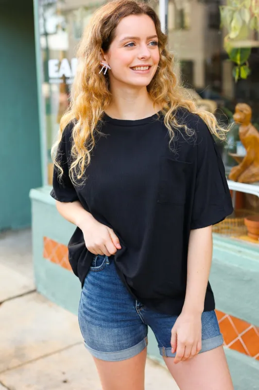 Be Bold Black Crinkle Texture Pocketed Dolman Top sold by Charming Charlie
