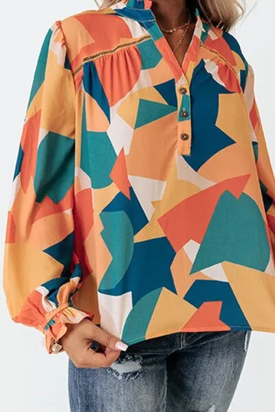 Quarter Button Printed Notched Flounce Sleeve Blouse sold by Charming Charlie