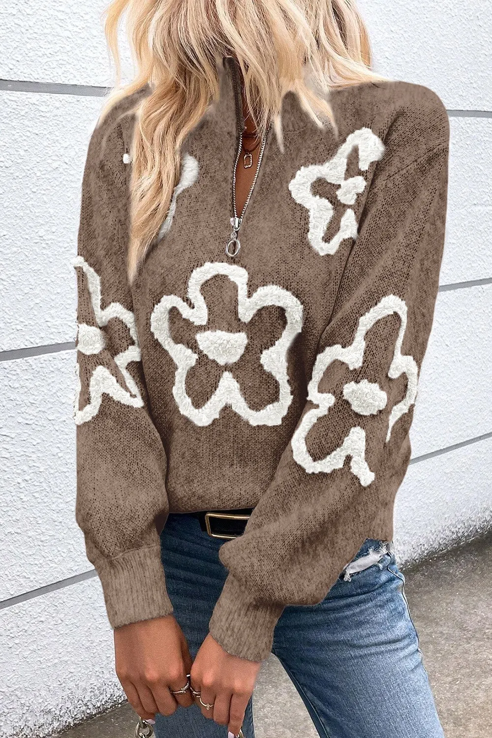 Flower Half Zip Dropped Shoulder Sweater sold by Charming Charlie product image thumbnail 4