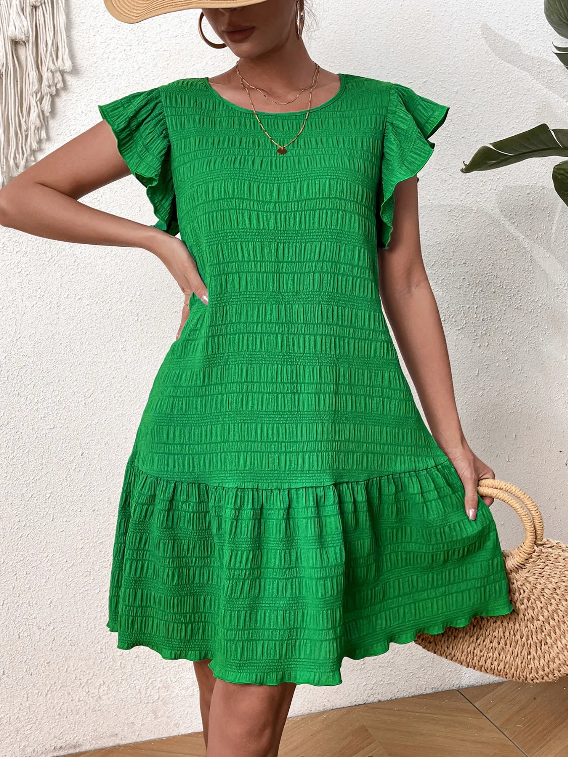 Textured Round Neck Ruffle Hem Dress sold by Charming Charlie