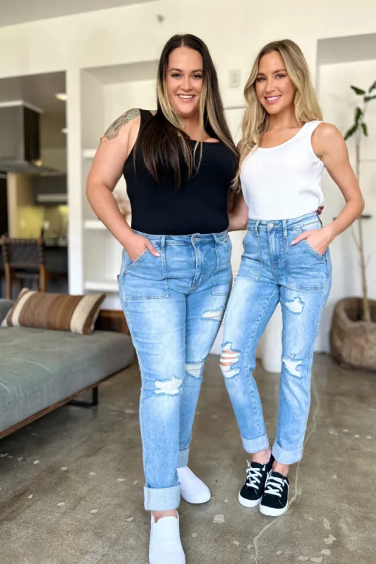 Judy Blue Full Size Distressed Straight Jeans with Patch Pockets sold by Charming Charlie
