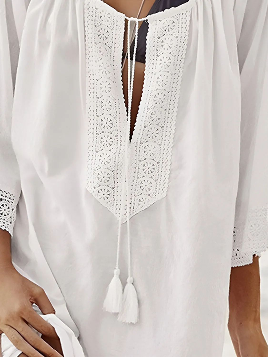 Lace Detail Tie Neck Three-Quarter Sleeve Cover Up sold by Charming Charlie product image thumbnail 3