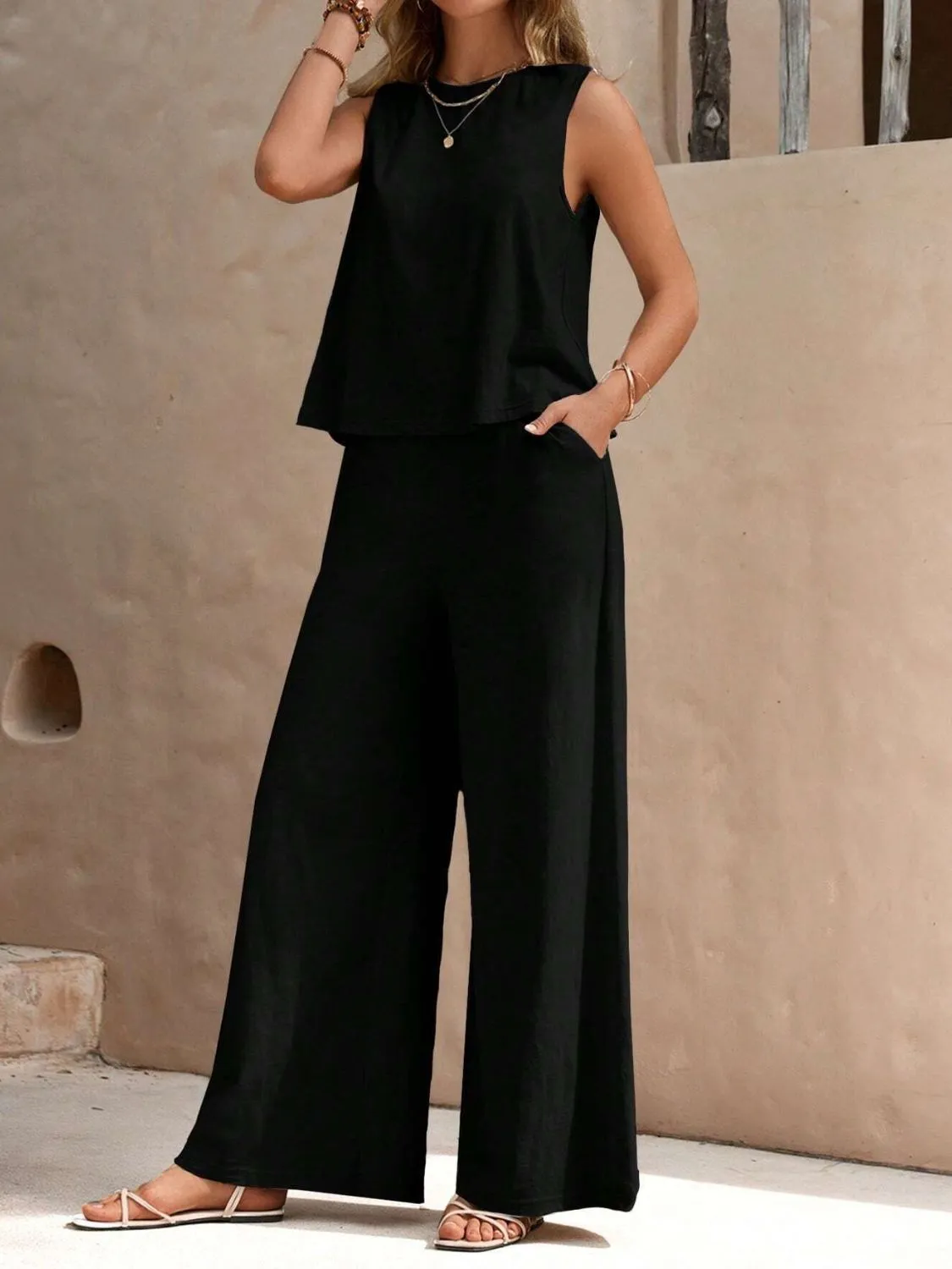 Round Neck Sleeveless Top and Wide Leg Pants Set sold by Charming Charlie product image thumbnail 4