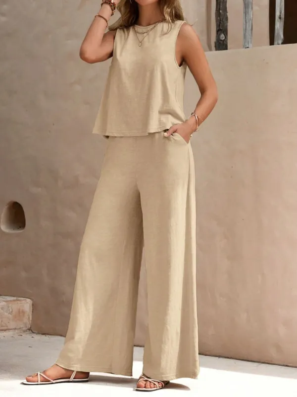 Round Neck Sleeveless Top and Wide Leg Pants Set sold by Charming Charlie